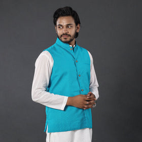 Blue - running stitch cotton nehru jacket - handcrafted