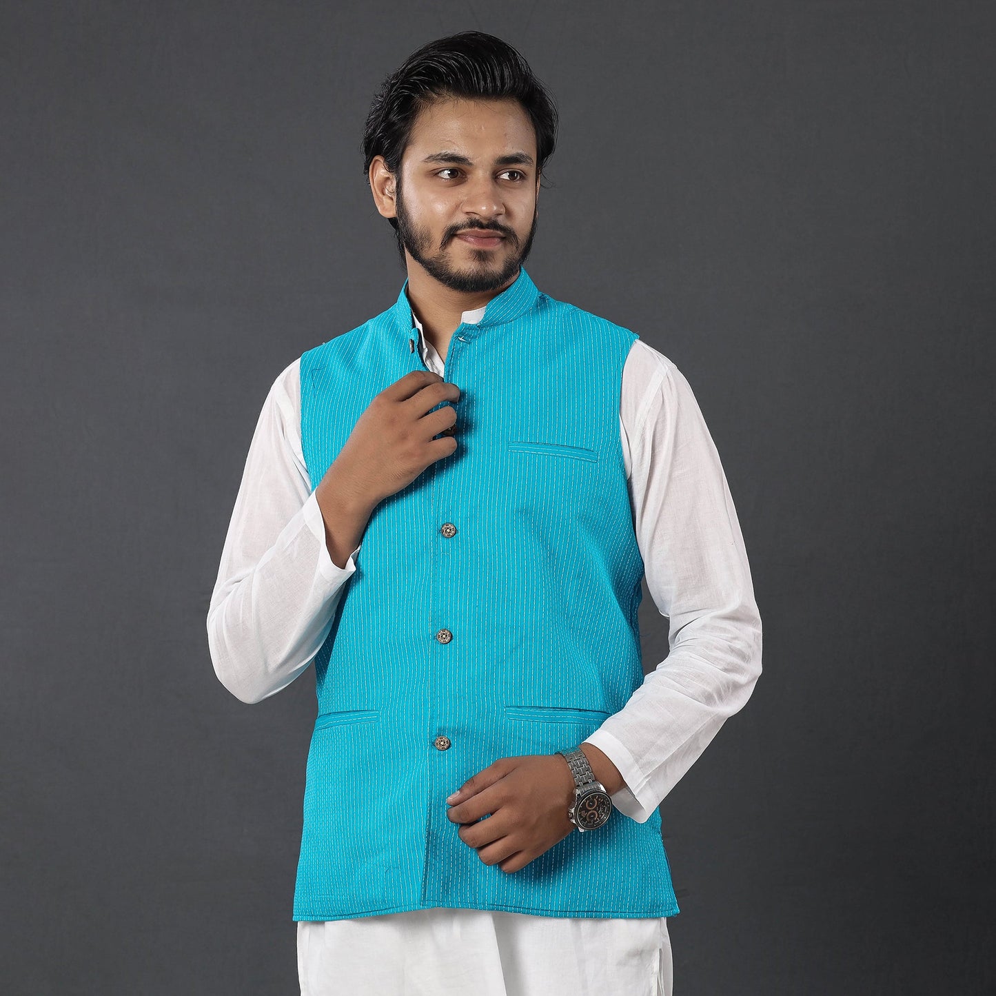 Blue - running stitch cotton nehru jacket - handcrafted