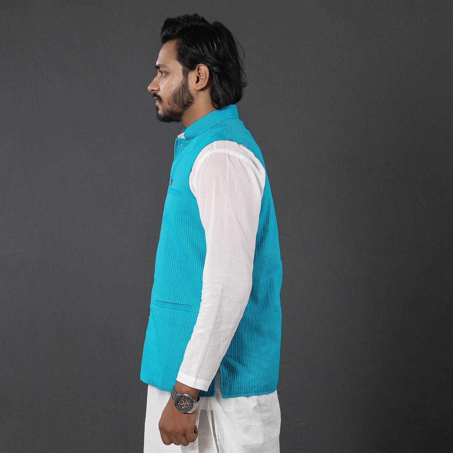 Blue - running stitch cotton nehru jacket - handcrafted