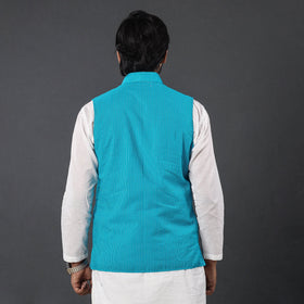 Blue - running stitch cotton nehru jacket - handcrafted