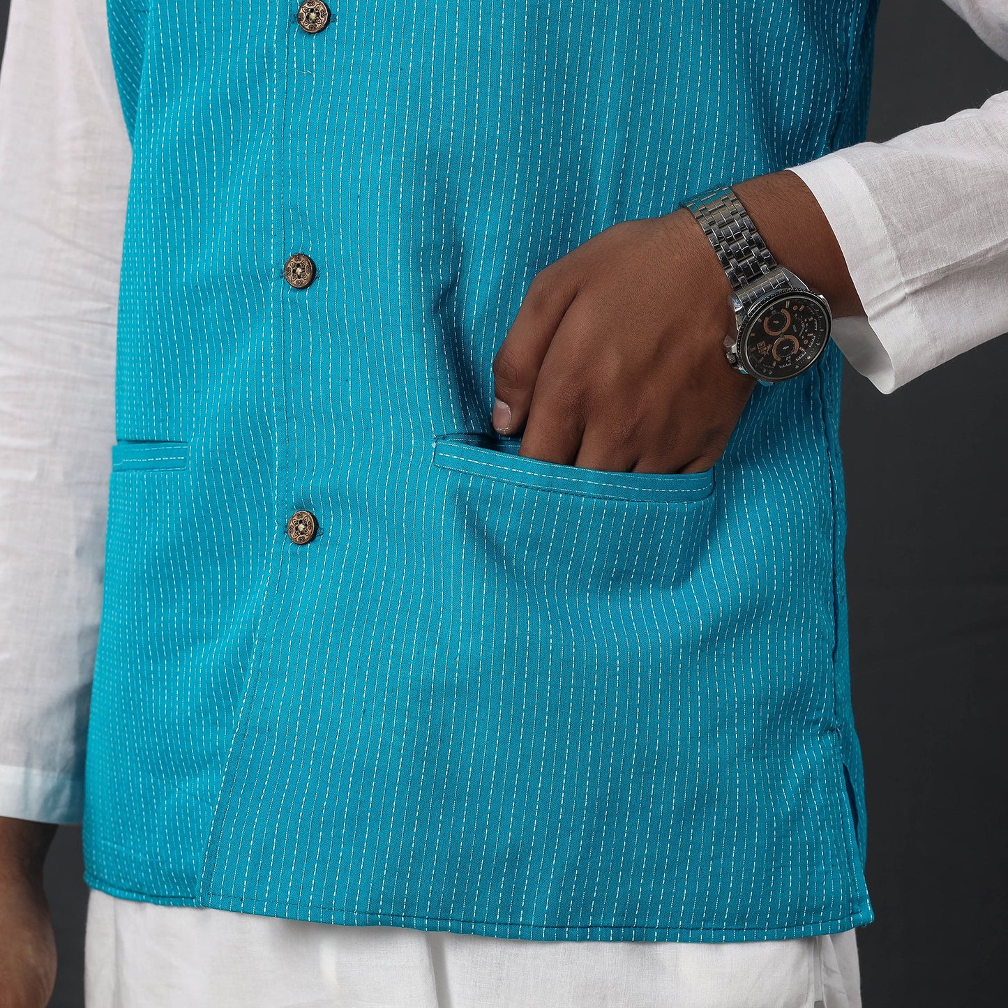 Blue - running stitch cotton nehru jacket - handcrafted