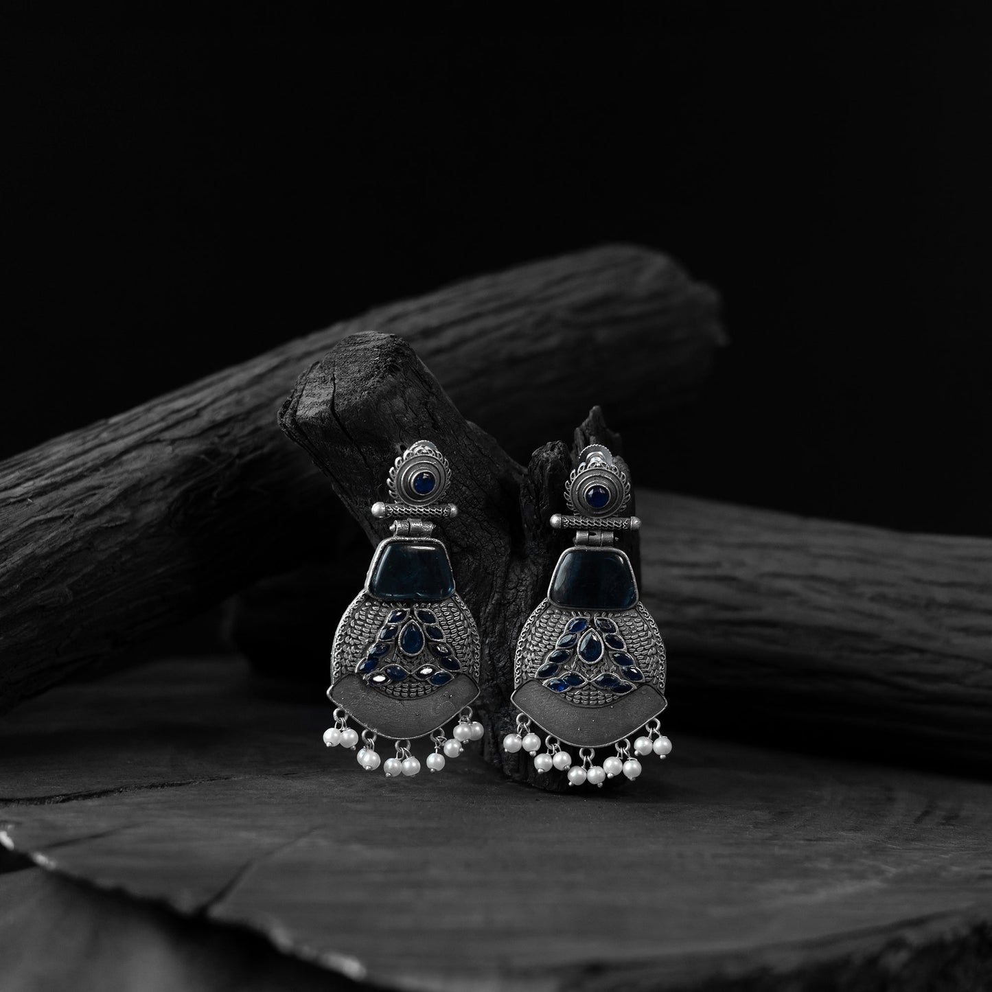 Blue - saanjh bela blossom oxidised earrings - handcrafted