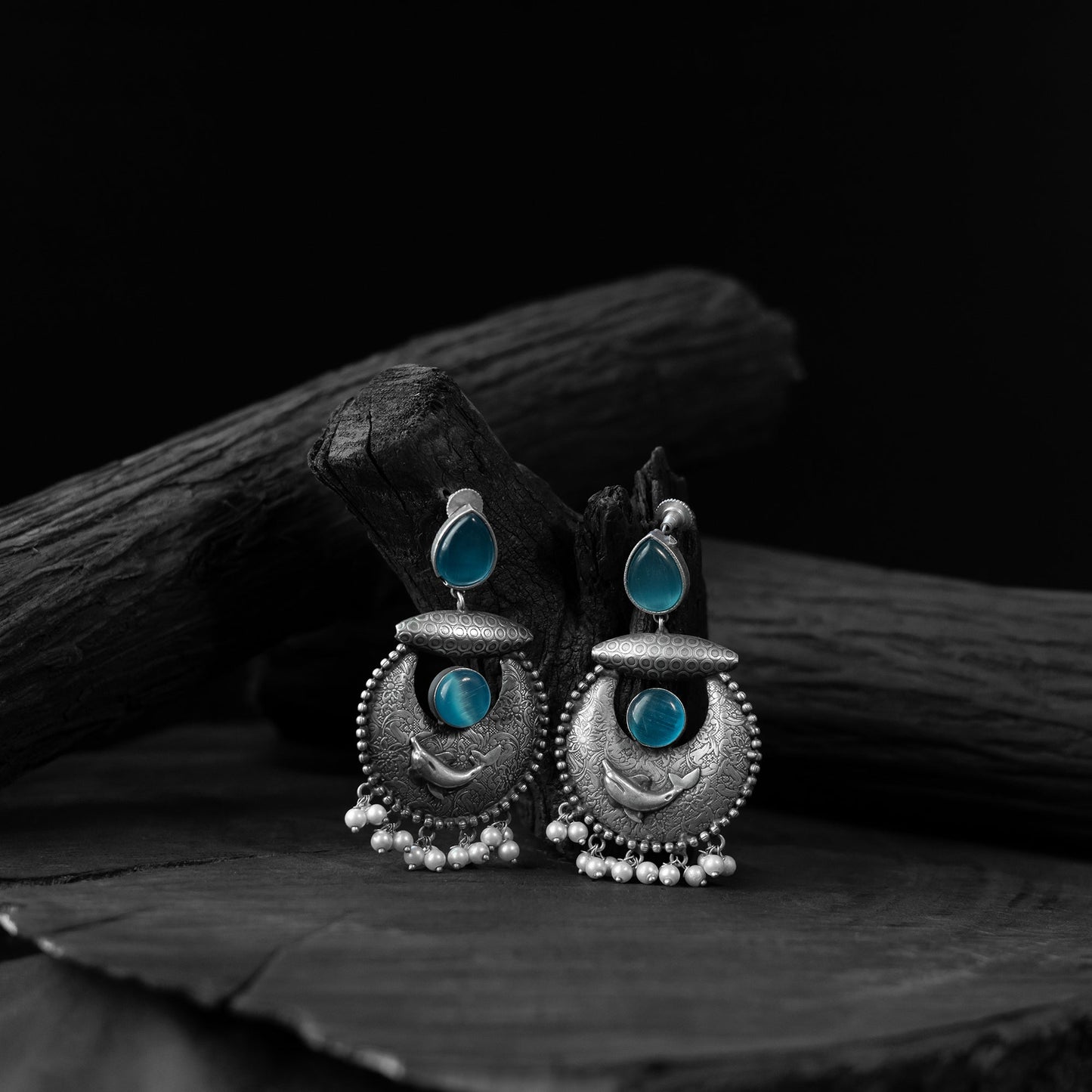 Blue - saanjh bela chand-matsya oxidised earrings
