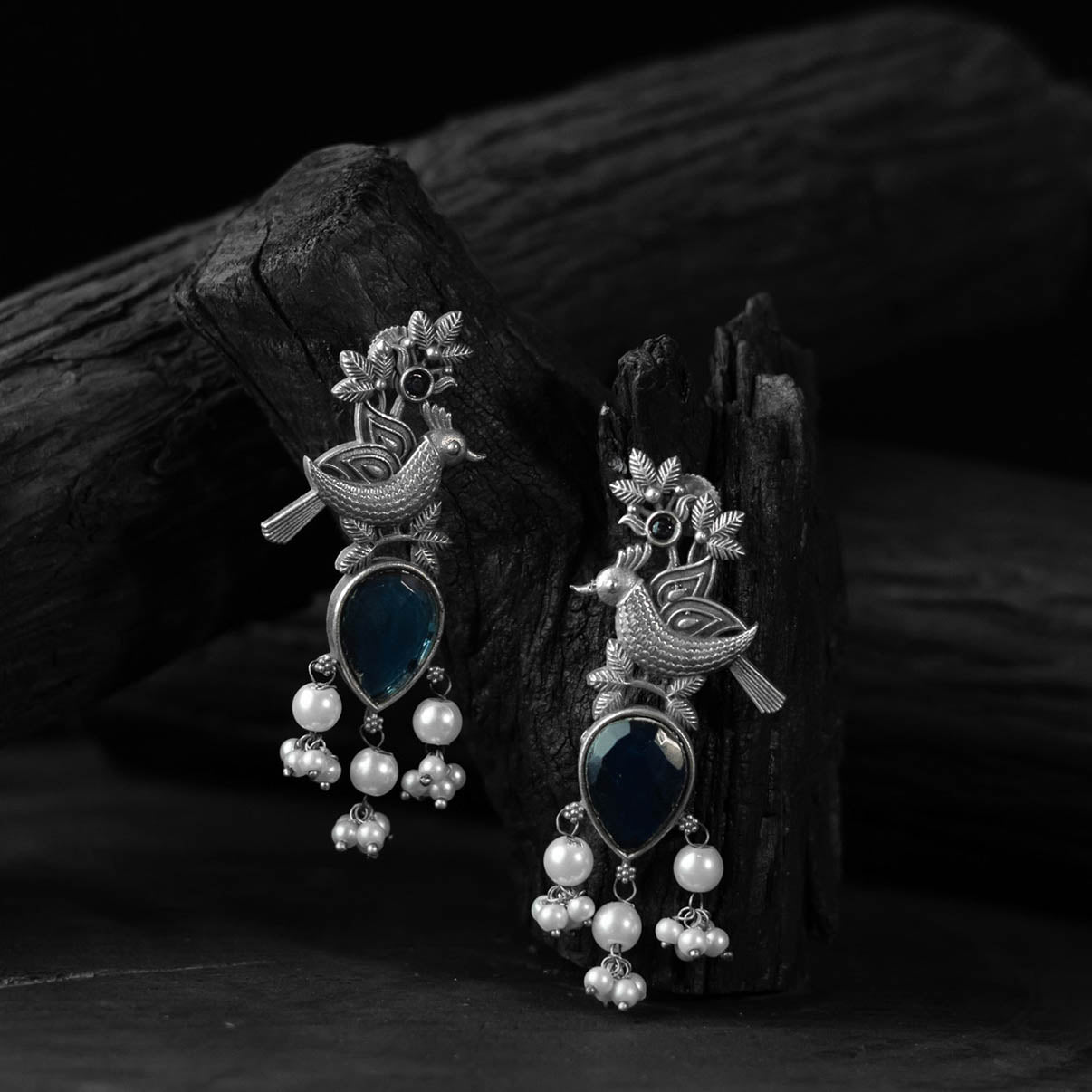 Blue - saanjh bela cuckoo oxidised earrings - handcrafted