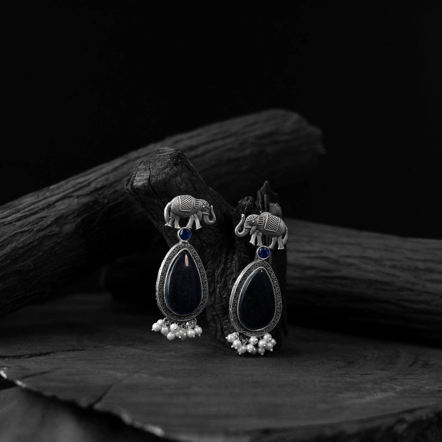 Blue - saanjh bela elephant oxidised earrings - handcrafted