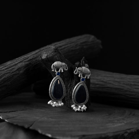 Blue - saanjh bela elephant oxidised earrings - handcrafted