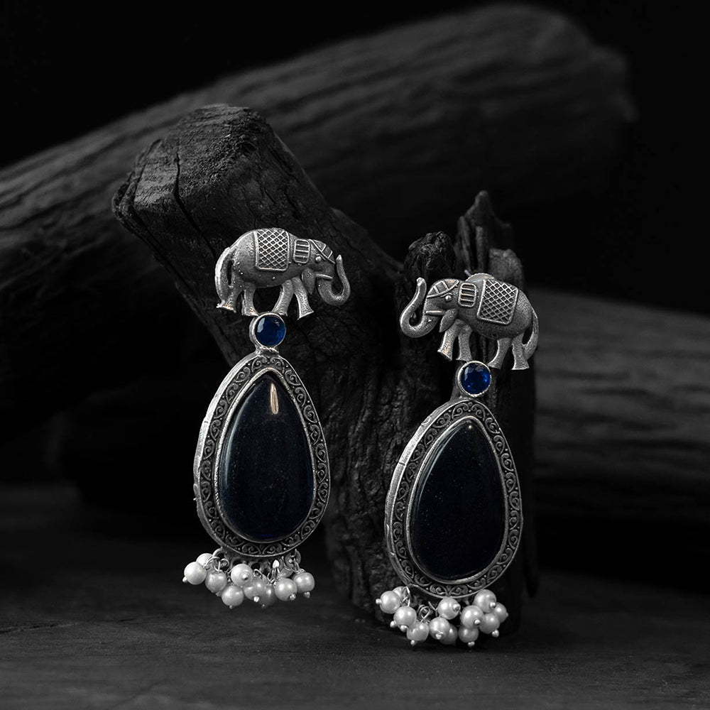 Blue - saanjh bela elephant oxidised earrings - handcrafted