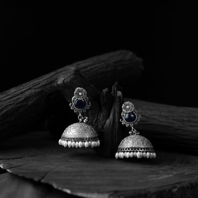 Blue - saanjh bela flower & leaves oxidised jhumka earrings