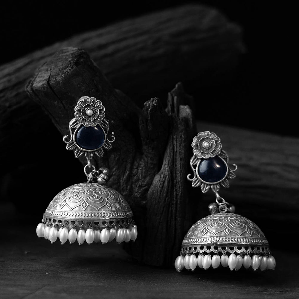 Blue - saanjh bela flower & leaves oxidised jhumka earrings