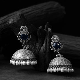 Blue - saanjh bela flower & leaves oxidised jhumka earrings