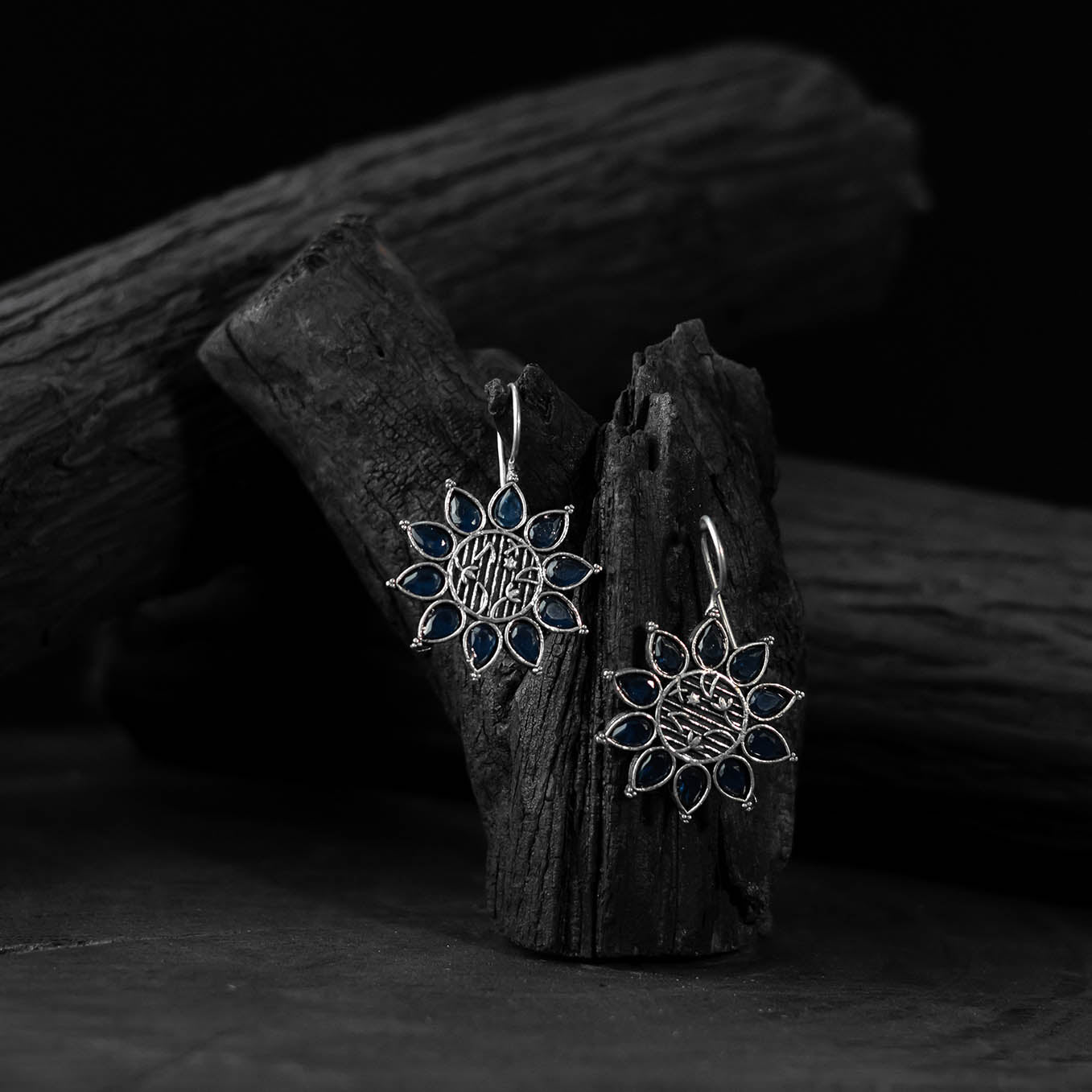 Blue - saanjh bela flower oxidised drop earrings
