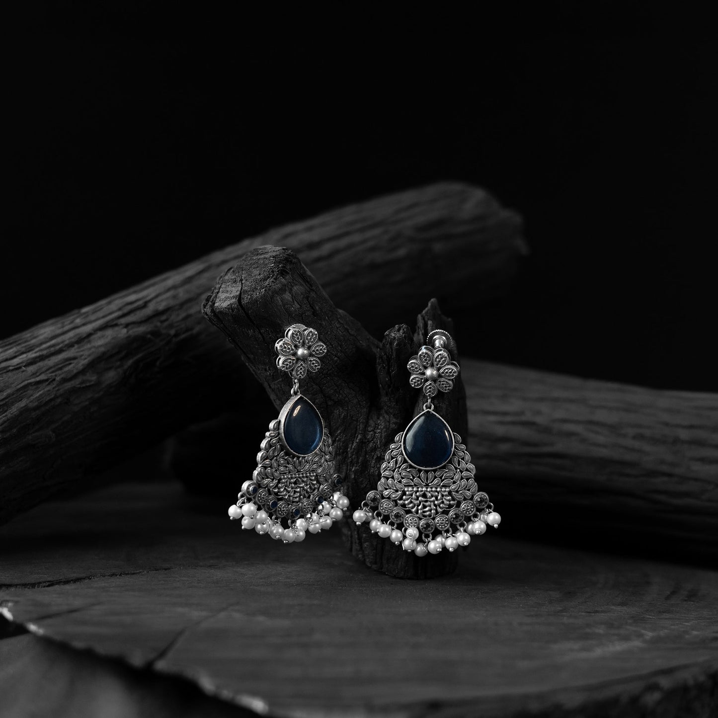 Blue - saanjh bela flower oxidised earrings - handcrafted
