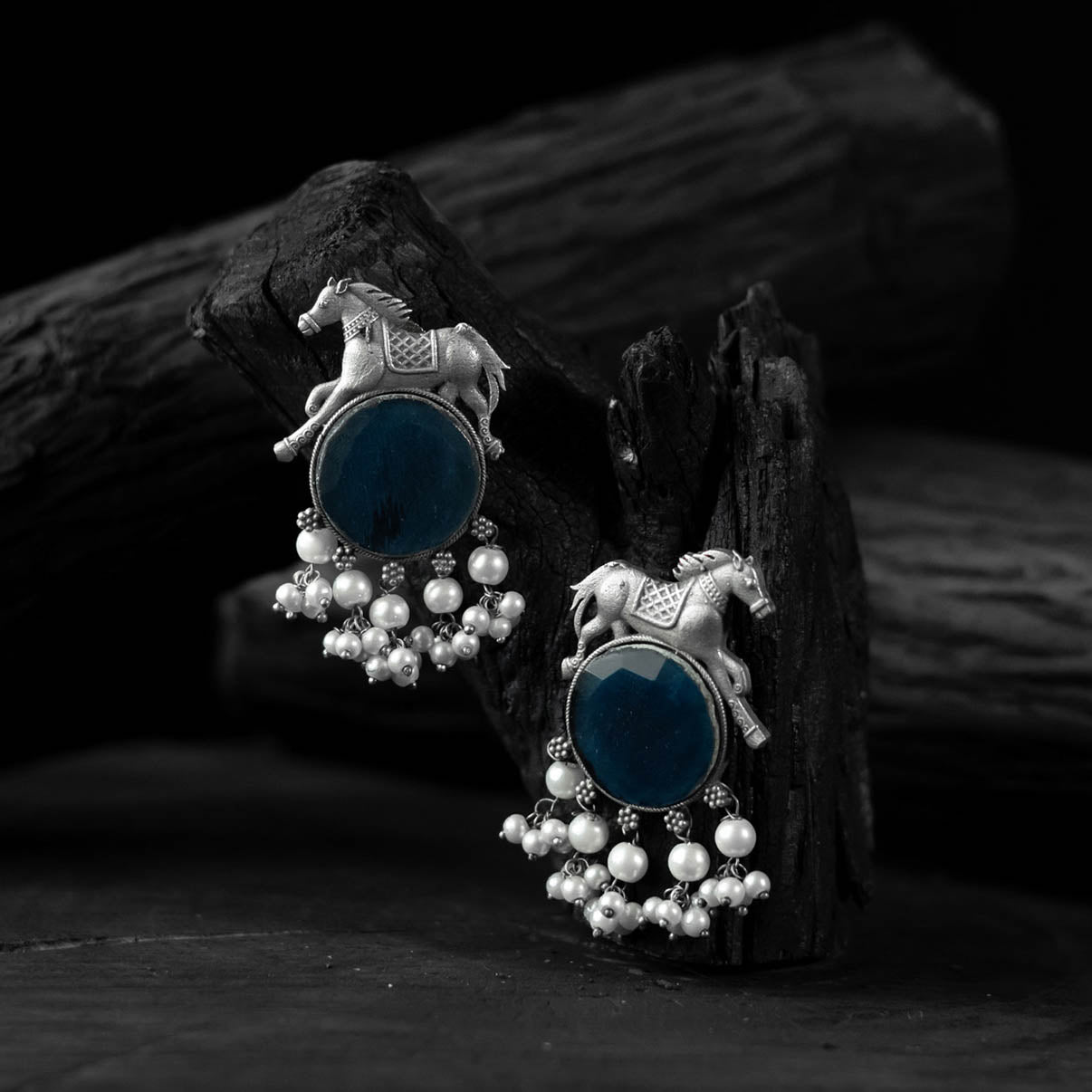 Blue - saanjh bela horse motif oxidised earrings