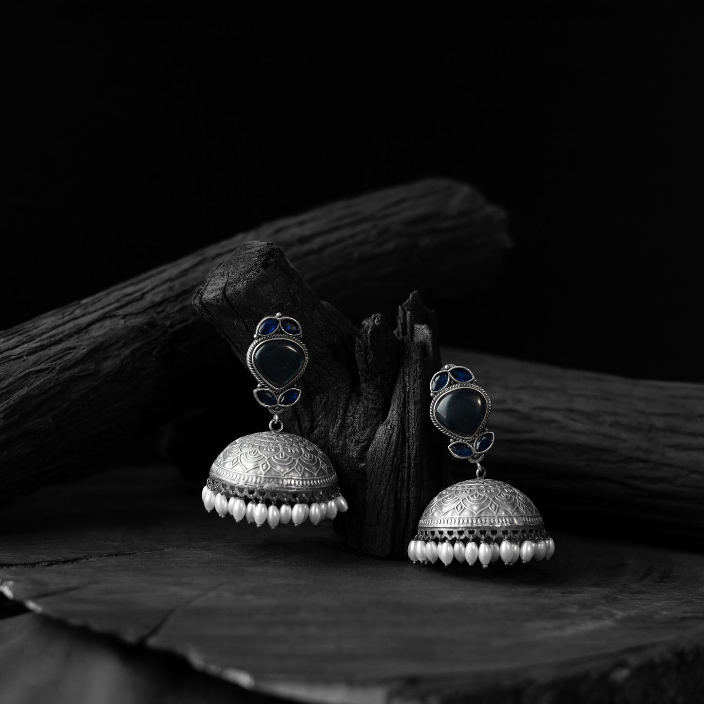 Blue - saanjh bela leaves oxidised jhumka earrings