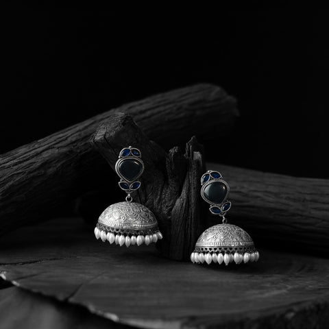 Blue - saanjh bela leaves oxidised jhumka earrings