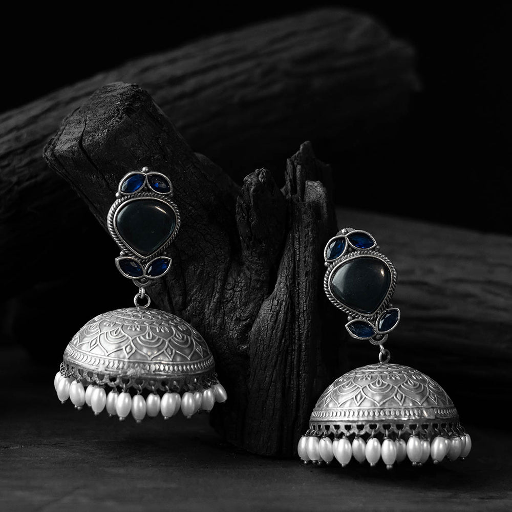 Blue - saanjh bela leaves oxidised jhumka earrings