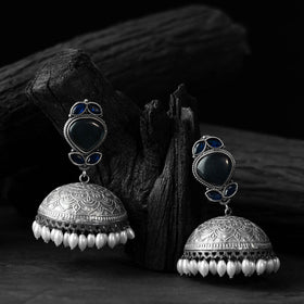 Blue - saanjh bela leaves oxidised jhumka earrings