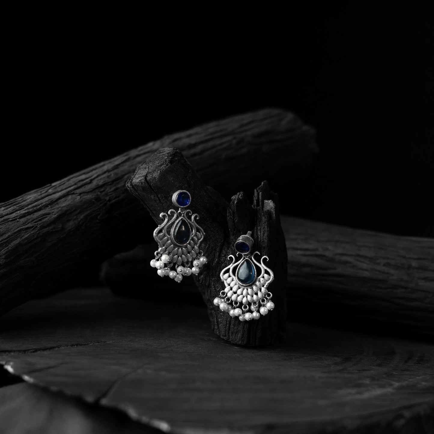 Blue - saanjh bela lotus oxidised earrings - handcrafted