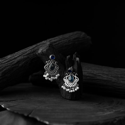 Blue - saanjh bela lotus oxidised earrings - handcrafted