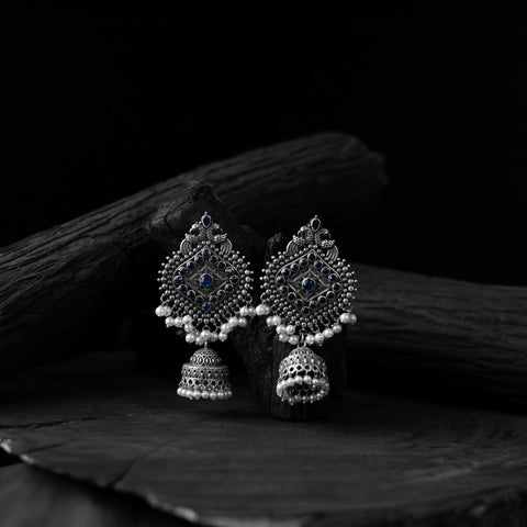 Blue - saanjh bela mayur oxidised jhumka earrings