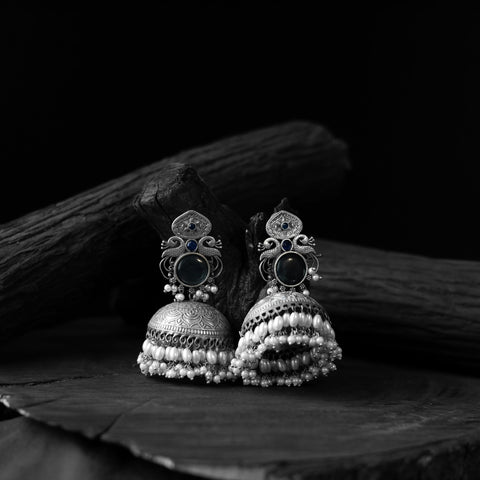 Blue - saanjh bela mayuri oxidised jhumka earrings