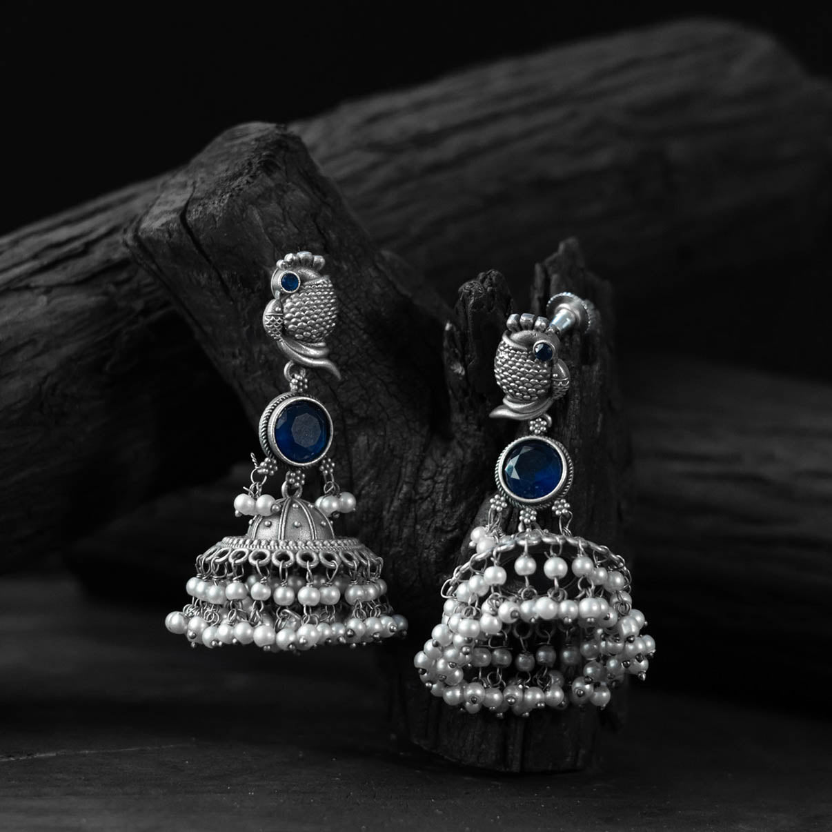 Blue - saanjh bela peacock oxidised earrings - handcrafted