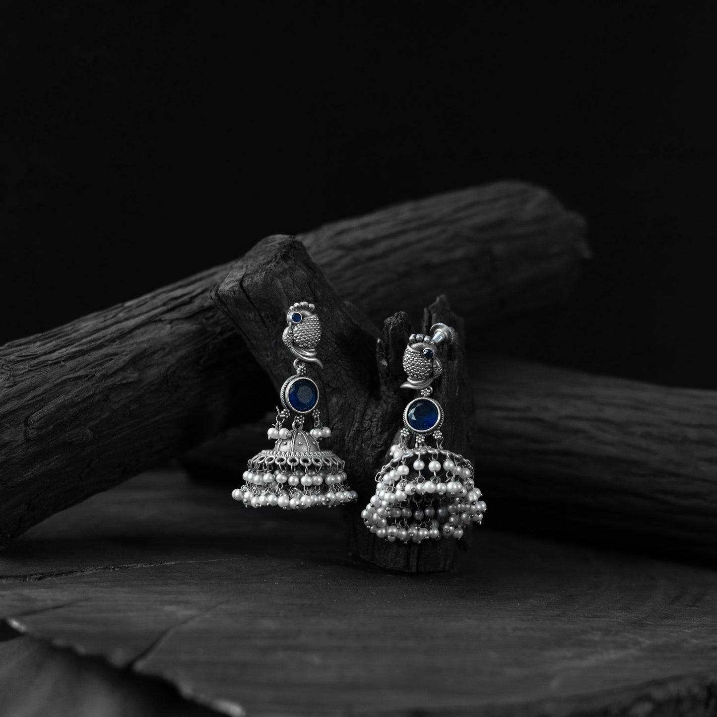 Blue - saanjh bela peacock oxidised earrings - handcrafted