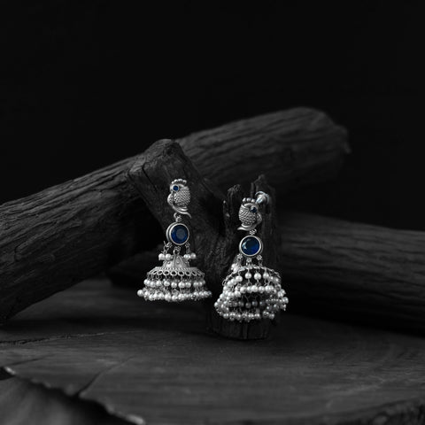 Blue - saanjh bela peacock oxidised earrings - handcrafted
