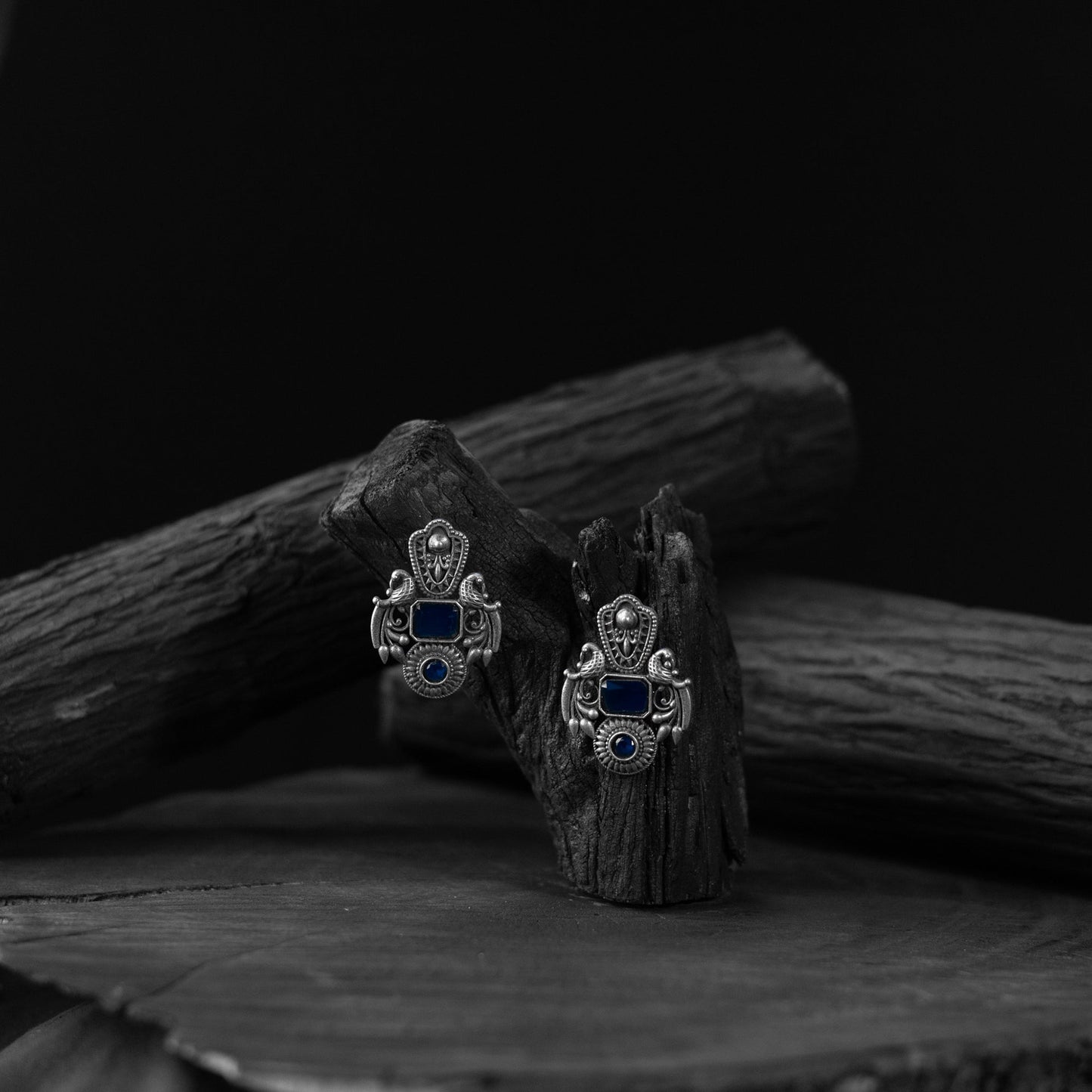 Blue - saanjh bela peacock oxidised earrings - handcrafted