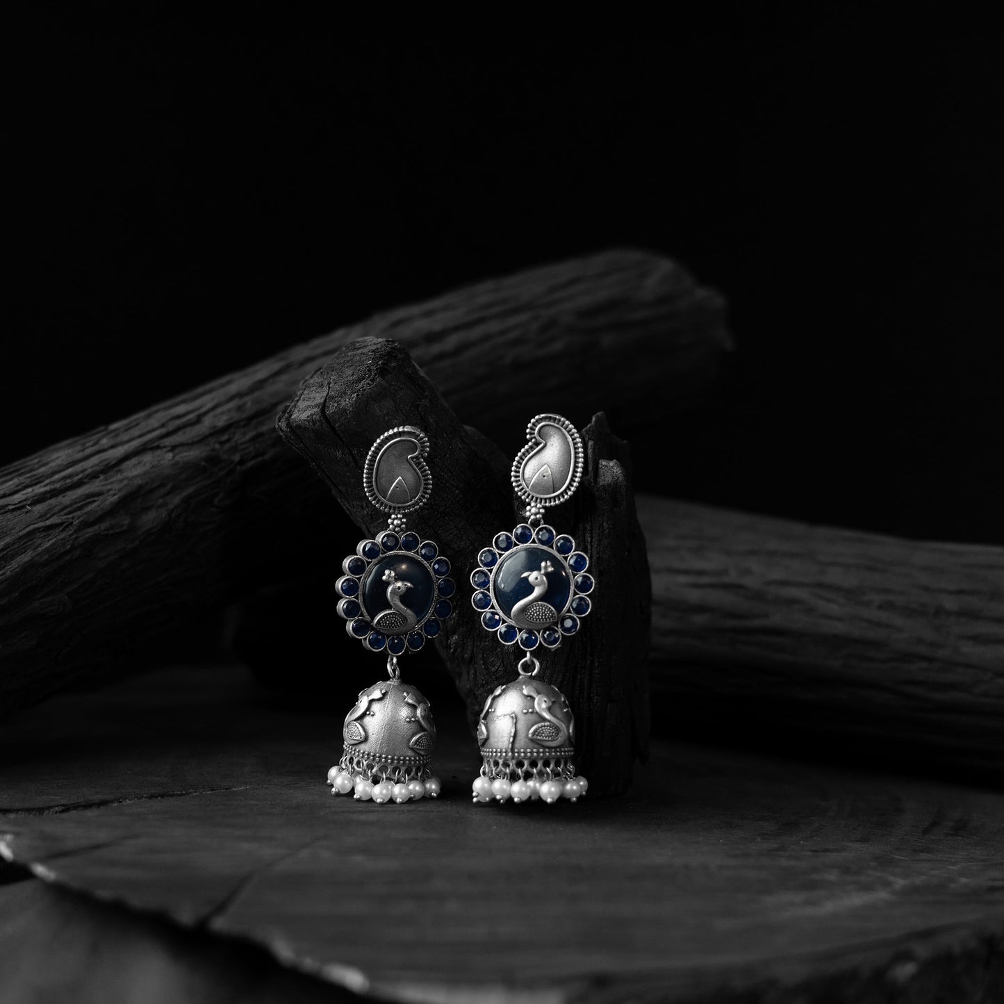 Blue - saanjh bela peacock & paisley oxidised jhumka
