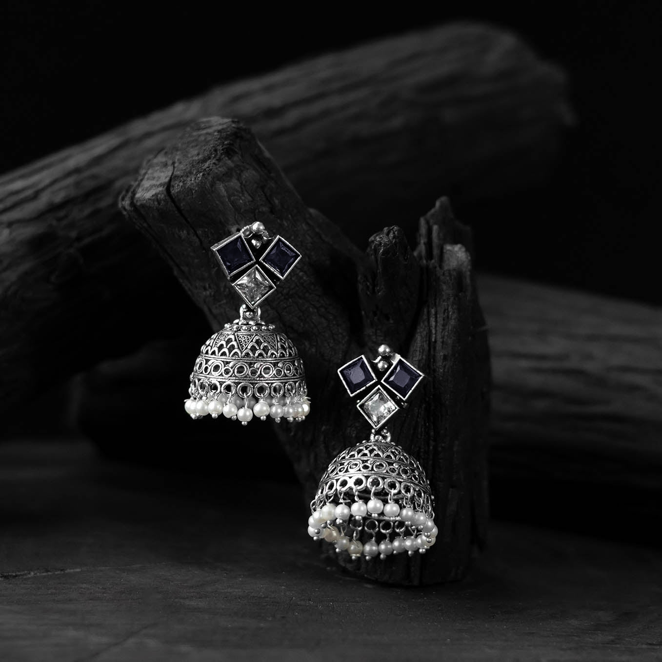 Blue - saanjh bela square oxidised jhumka earrings