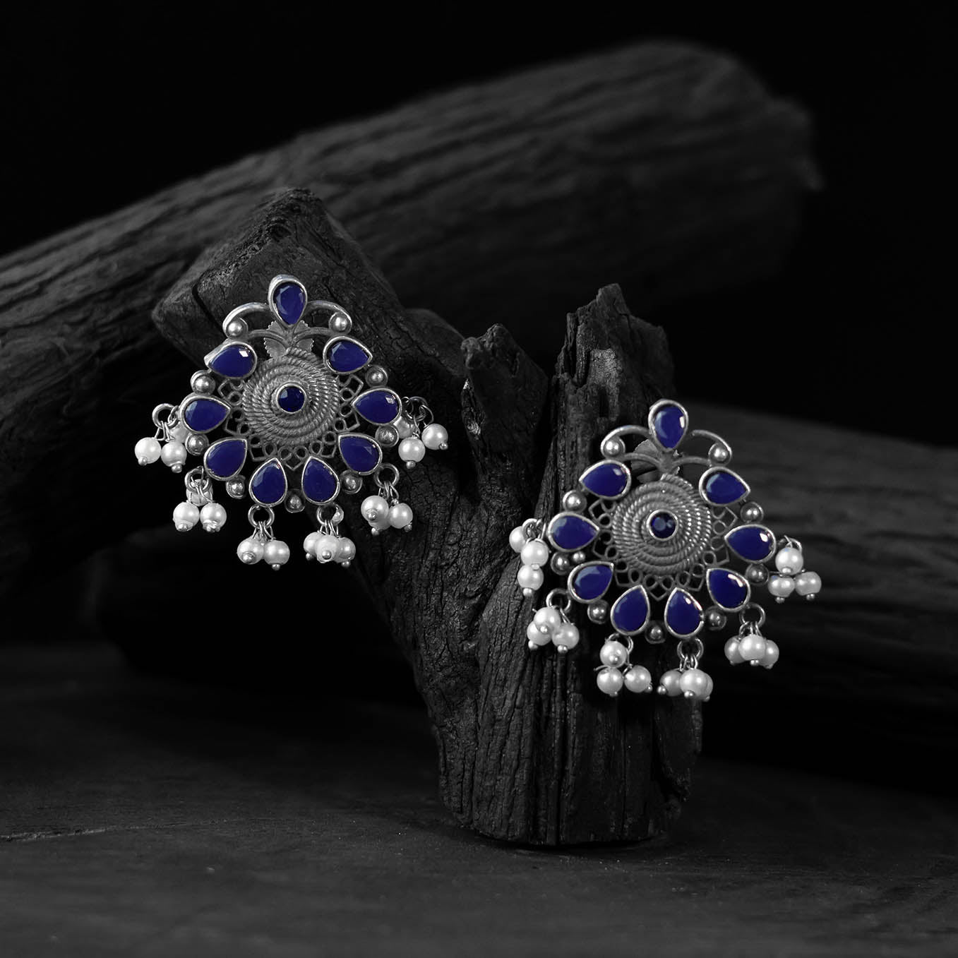 Blue - saanjh bela stone oxidised earrings - handcrafted