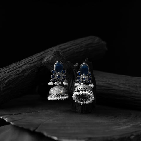 Blue - saanjh bela stone oxidised jhumka earrings