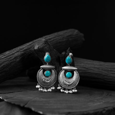 Blue - saanjh bela turquoise chand-matsya oxidised earrings