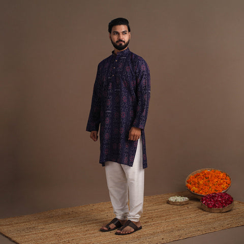 Blue Sambalpuri Ikat Weave Cotton Men Long Kurta