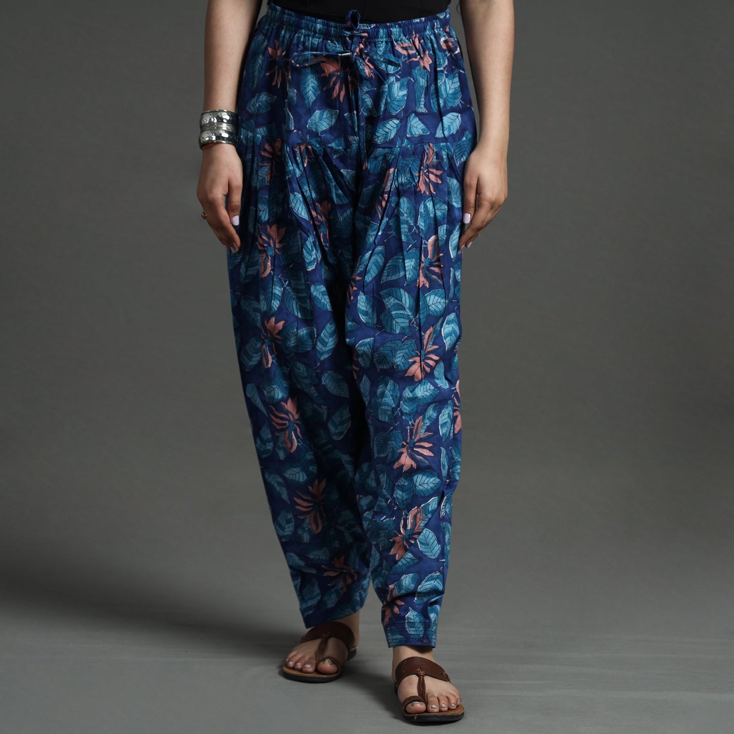 Blue - sanganeri block printed cotton elasticated salwar