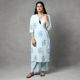  Sanganeri Block Printed Cotton Kurta with Palazzo & Dupatta Set 