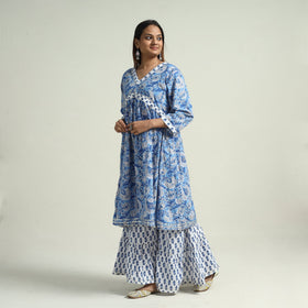 Blue - sanganeri block printed cotton kurta with sharara