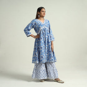 Blue - sanganeri block printed cotton kurta with sharara