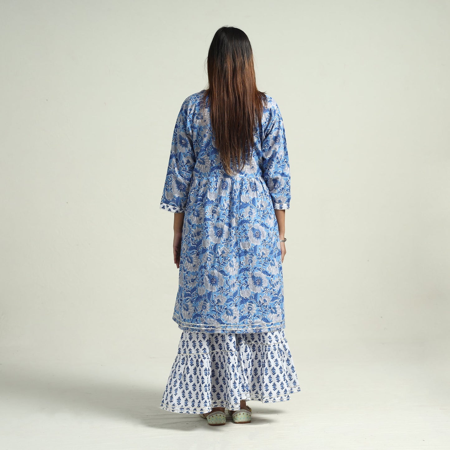 Blue - sanganeri block printed cotton kurta with sharara