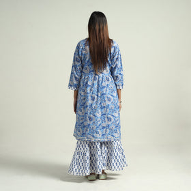 Blue - sanganeri block printed cotton kurta with sharara