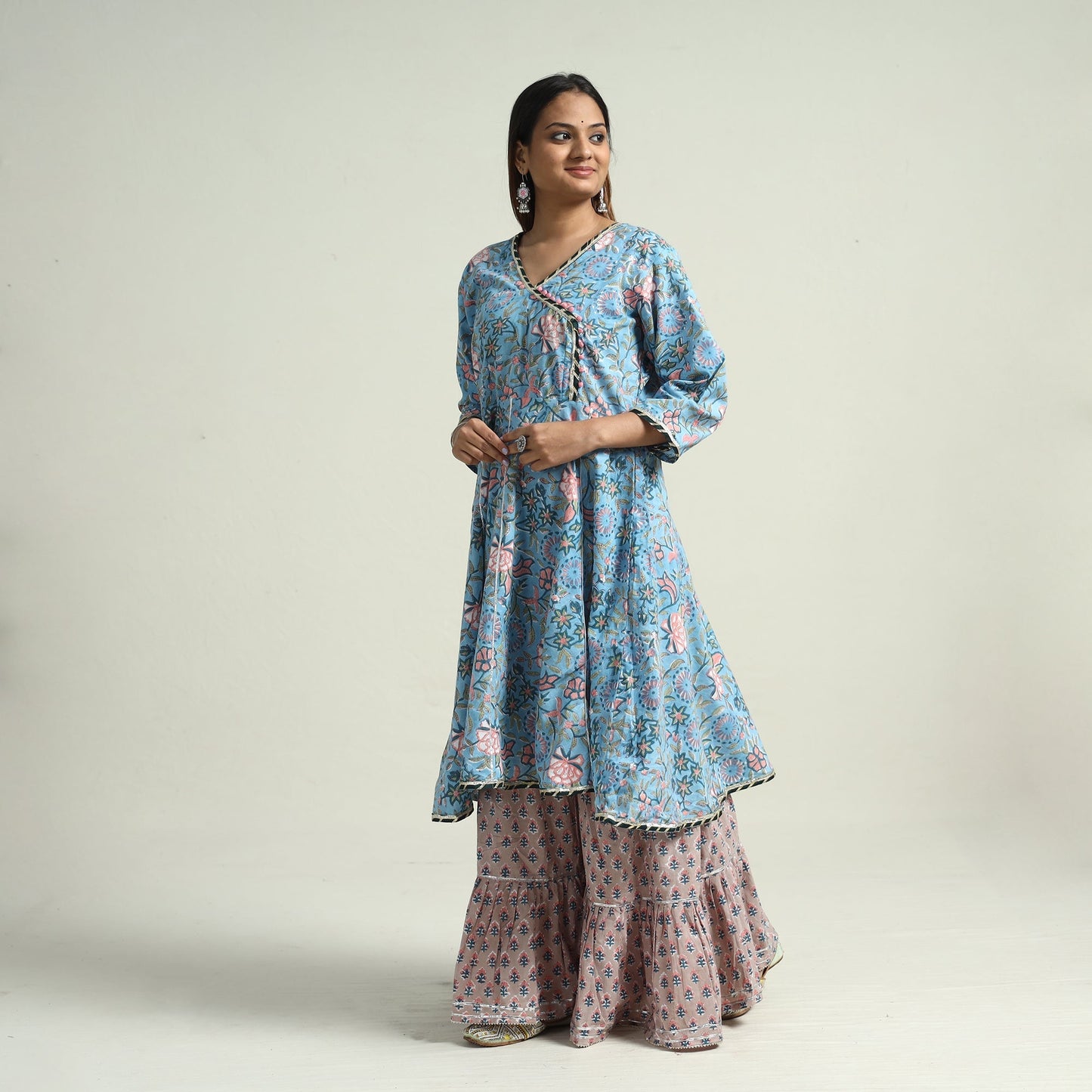 Sanganeri block printed cotton kurta with sharara set
