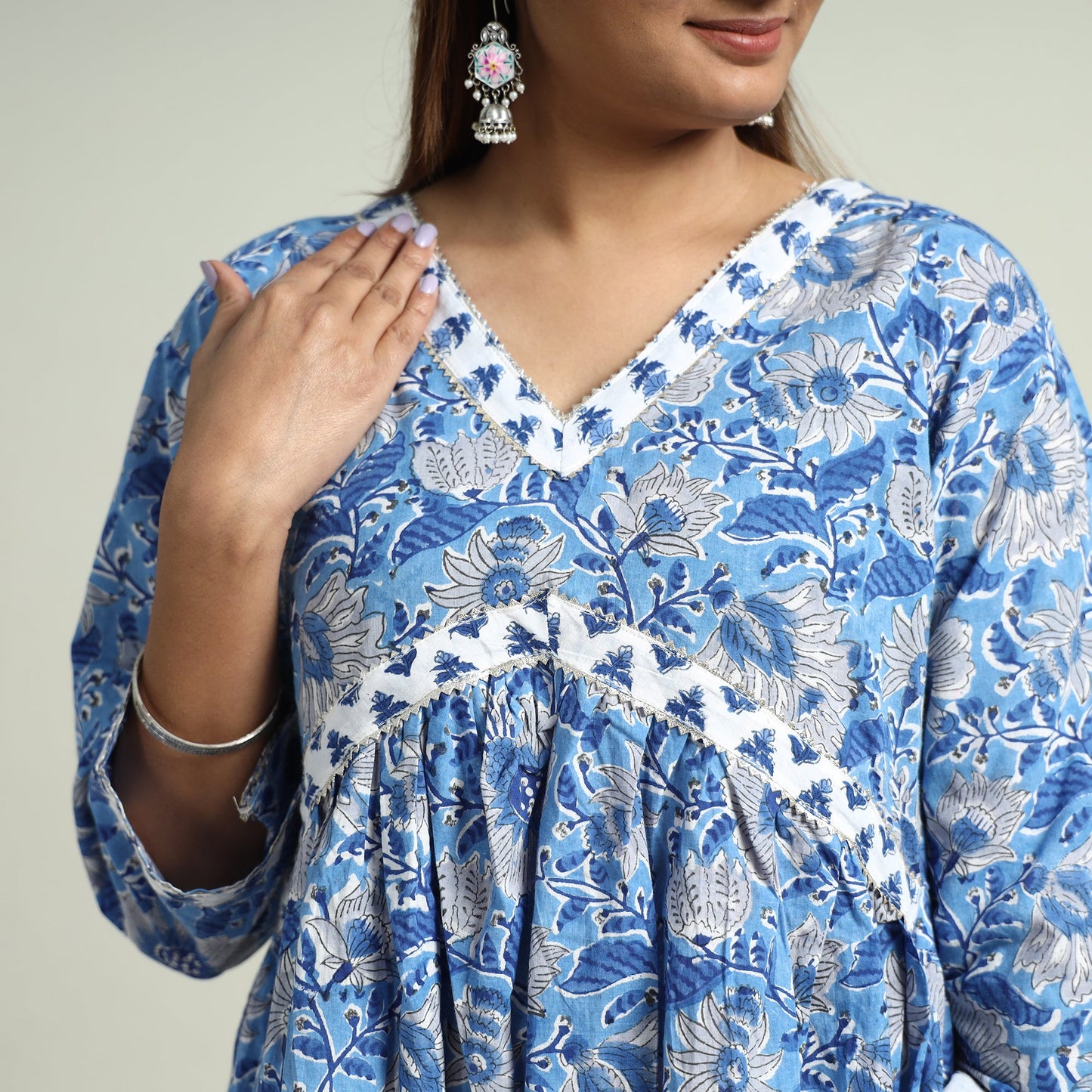 Blue - sanganeri block printed cotton kurta with sharara