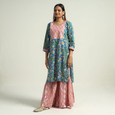 Buy Sanganeri Block Printed Cotton Kurta with Sharara Set Online at iTokri.com