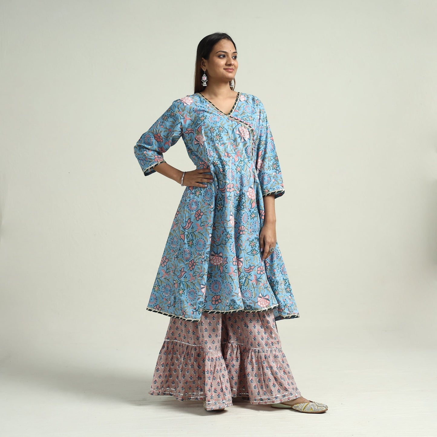 Sanganeri block printed cotton kurta with sharara set