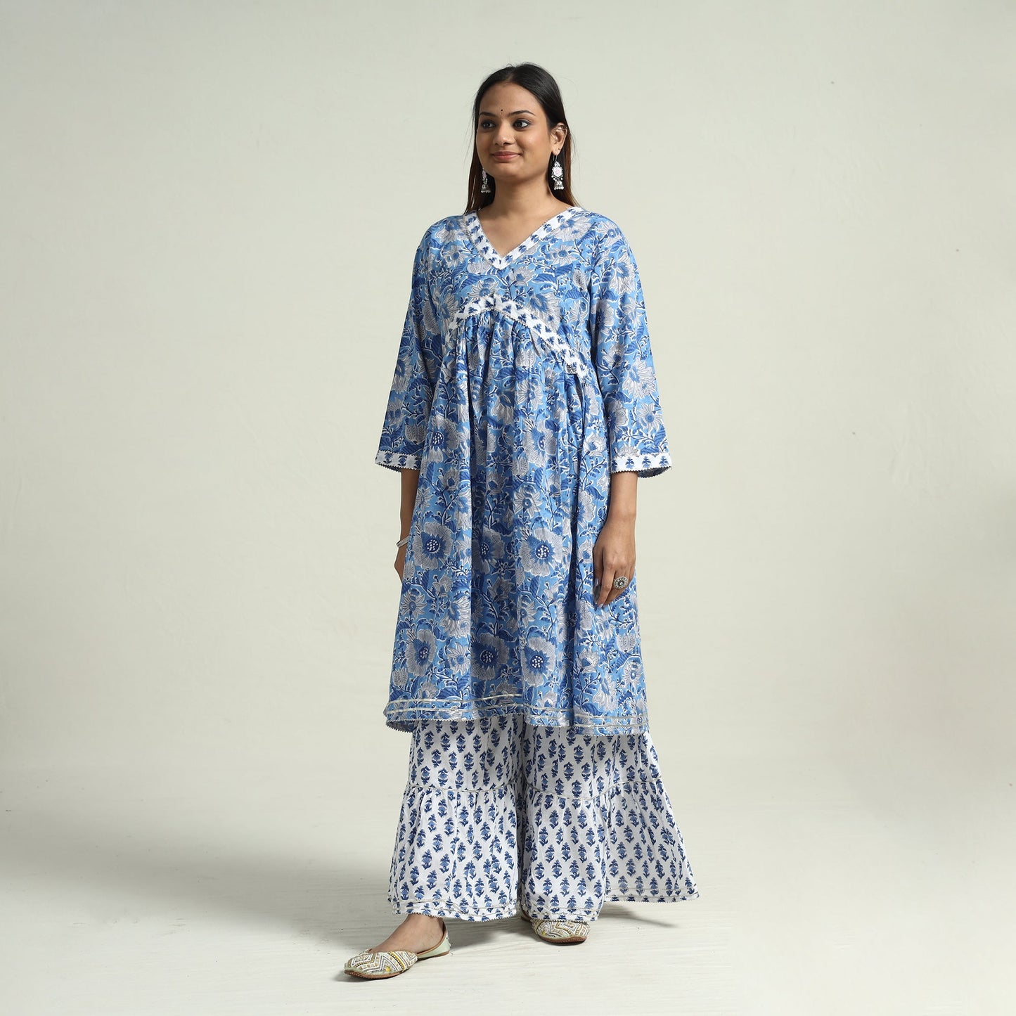 Blue - sanganeri block printed cotton kurta with sharara