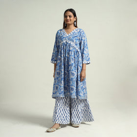 Blue - sanganeri block printed cotton kurta with sharara