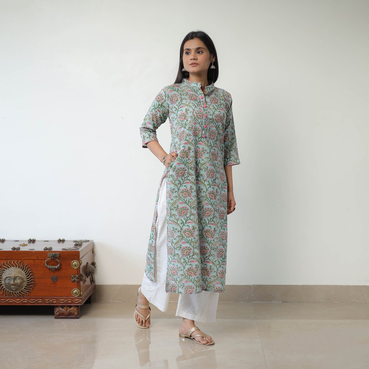 Buy Blue Sanganeri Block Printed Cotton Long Kurta Online
