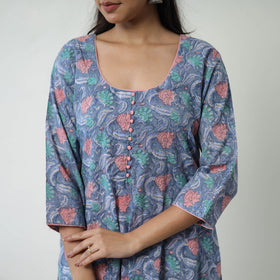 Blue Sanganeri Hand Block Print Cotton White Long Kurta for Women