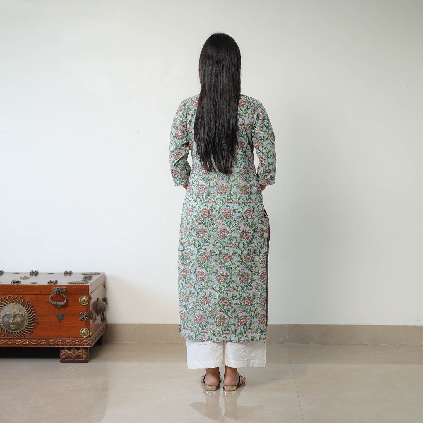 Buy Blue Sanganeri Block Printed Cotton Long Kurta Online